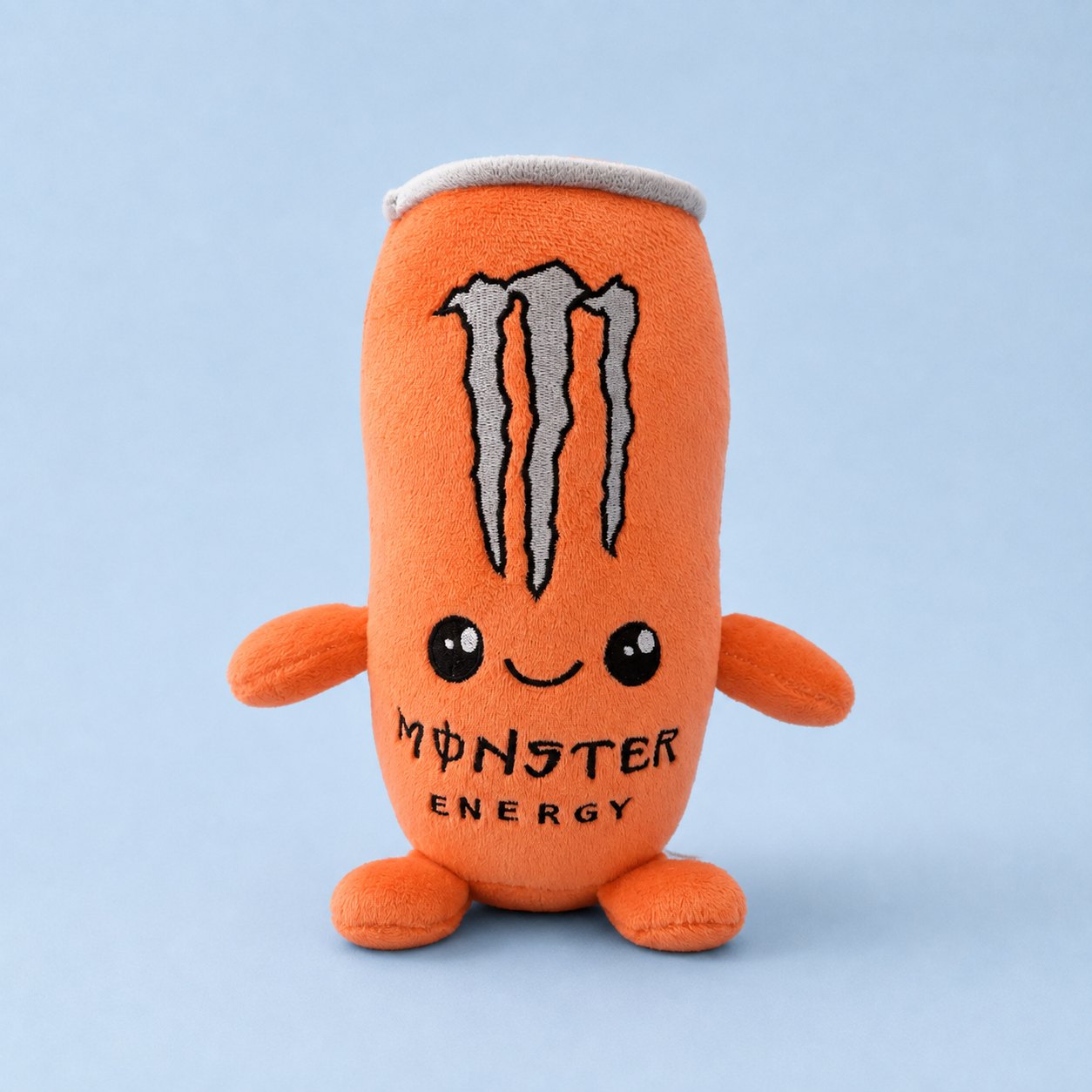 Orange can plush on a blue background