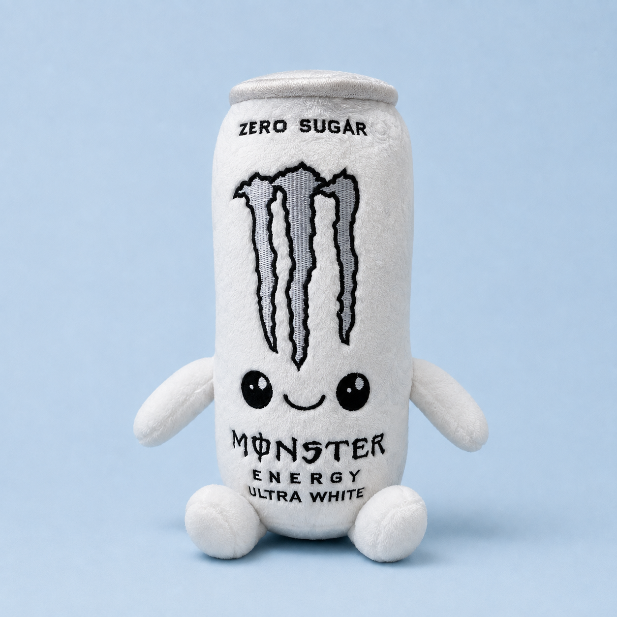 Ultra White can plush on a blue background