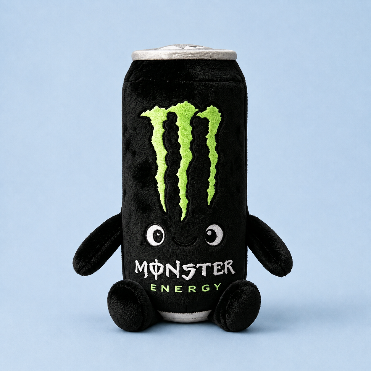 Black can plush on a blue background