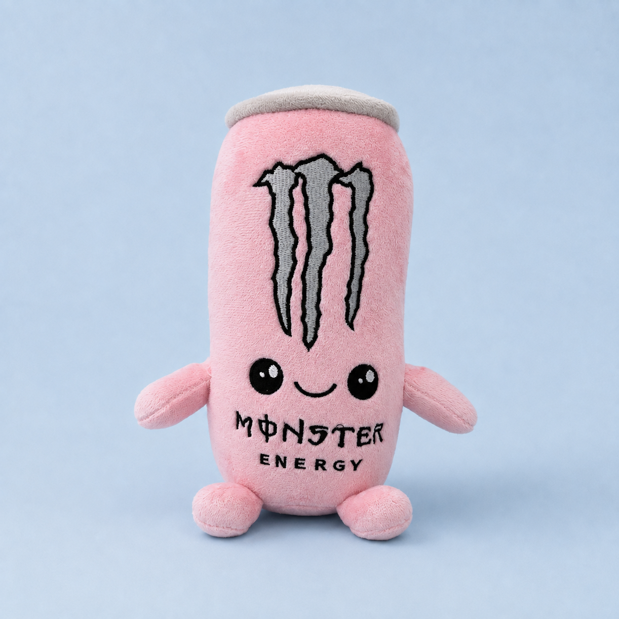Pink can plush on a blue background