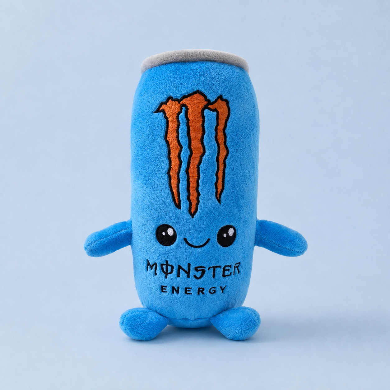 Blue can plush on a blue background