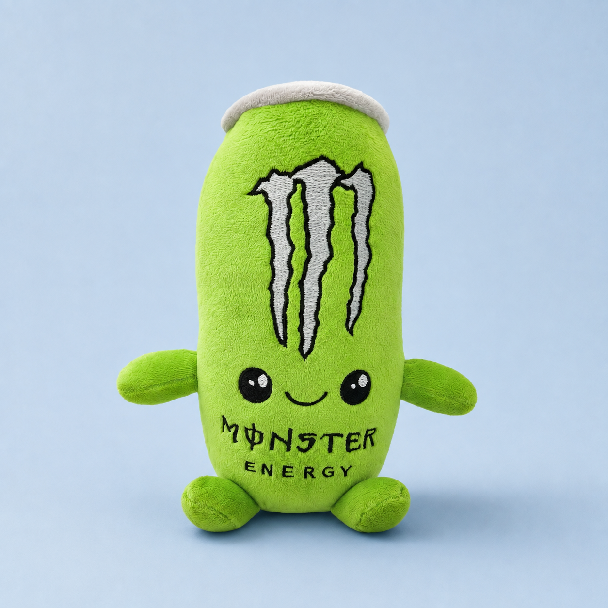 Green can plush on a blue background