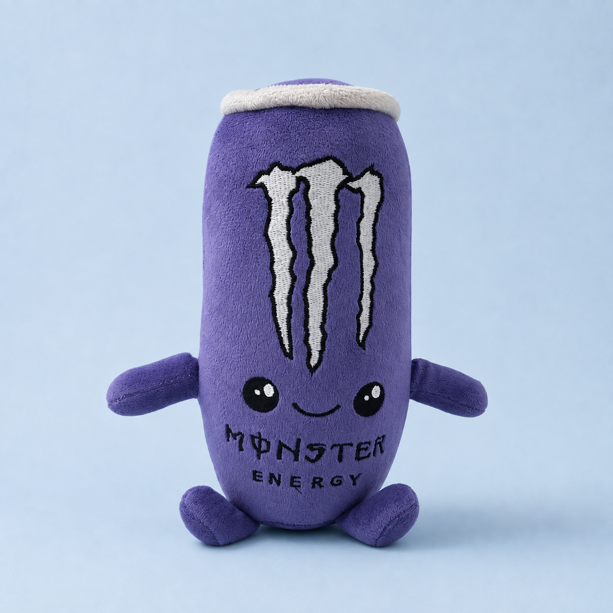 Purple can plush on a blue background